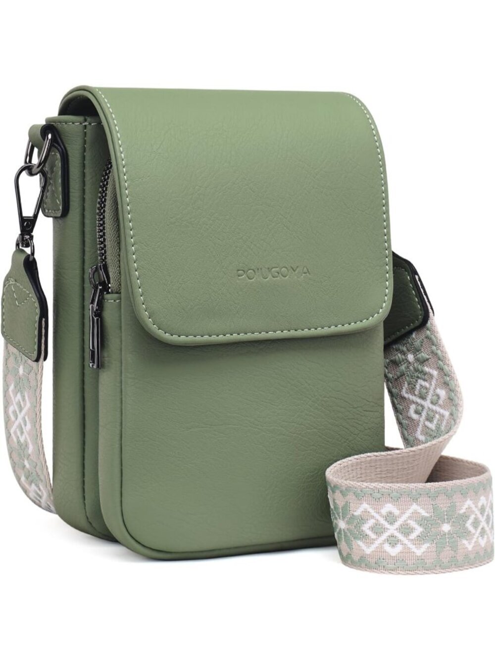 POIUGOYA Women's Green Leather Triple Compartment Cell Phone Crossbody Bags